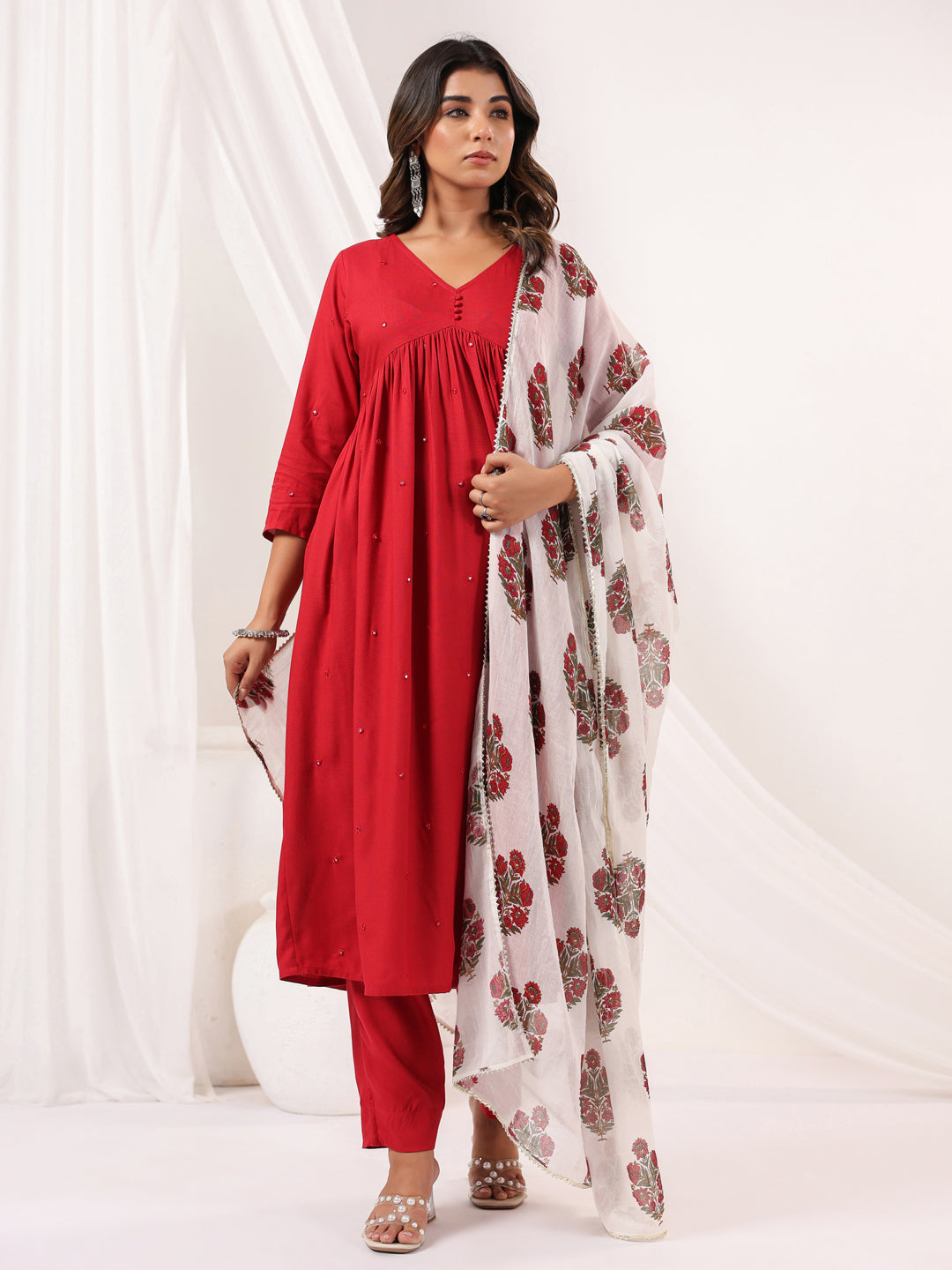 Janasya Dark Rayon Embellished A-Line Kurta Set 