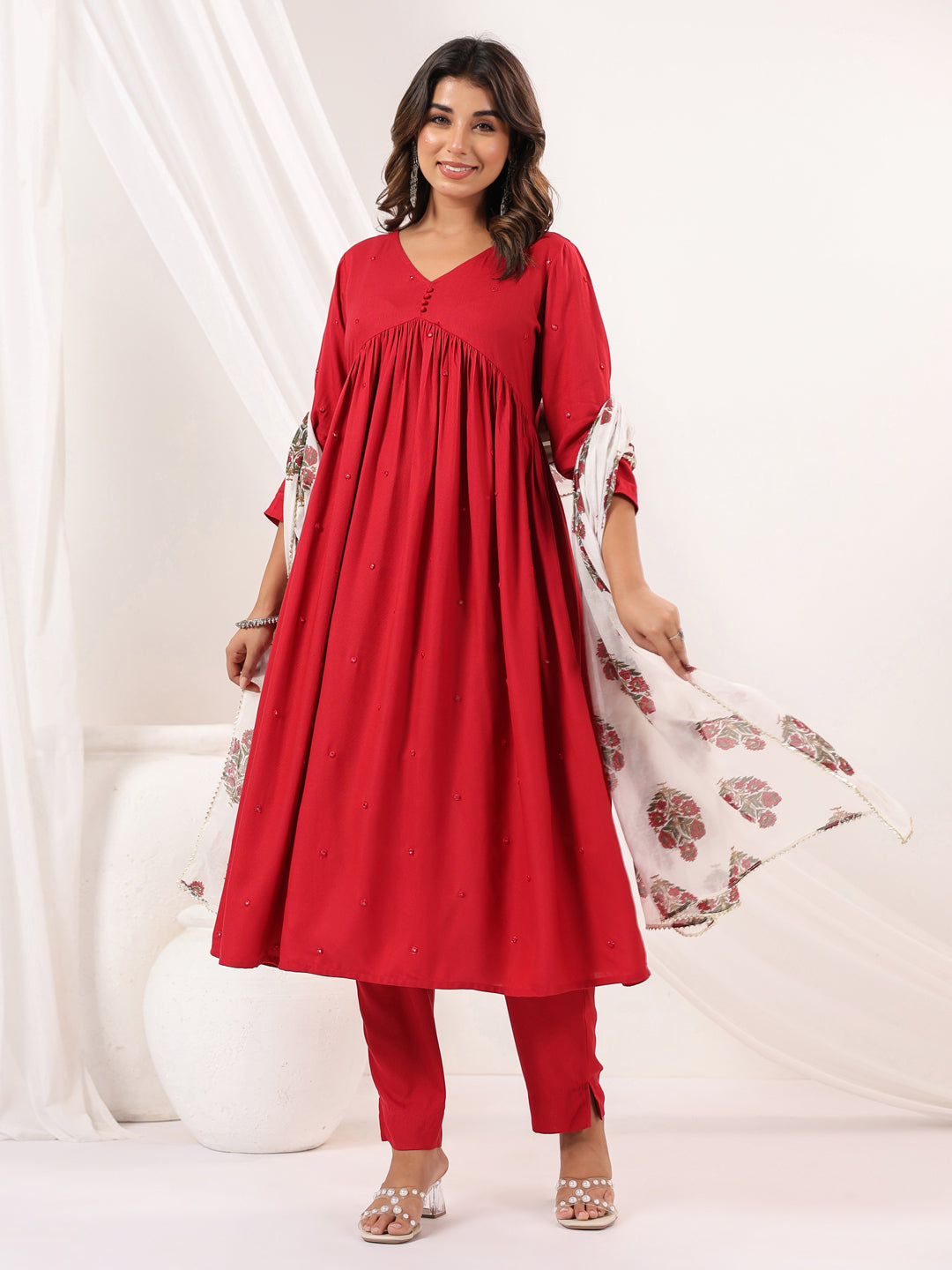 Janasya Dark Rayon Embellished A-Line Kurta Set 