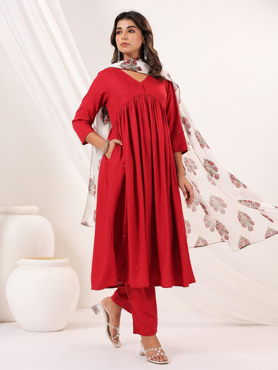 Janasya Dark Rayon Embellished A-Line Kurta Set 