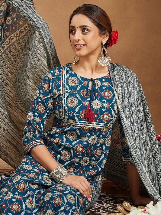 Janasya Bright Cotton Floral Straight Kurta Set 