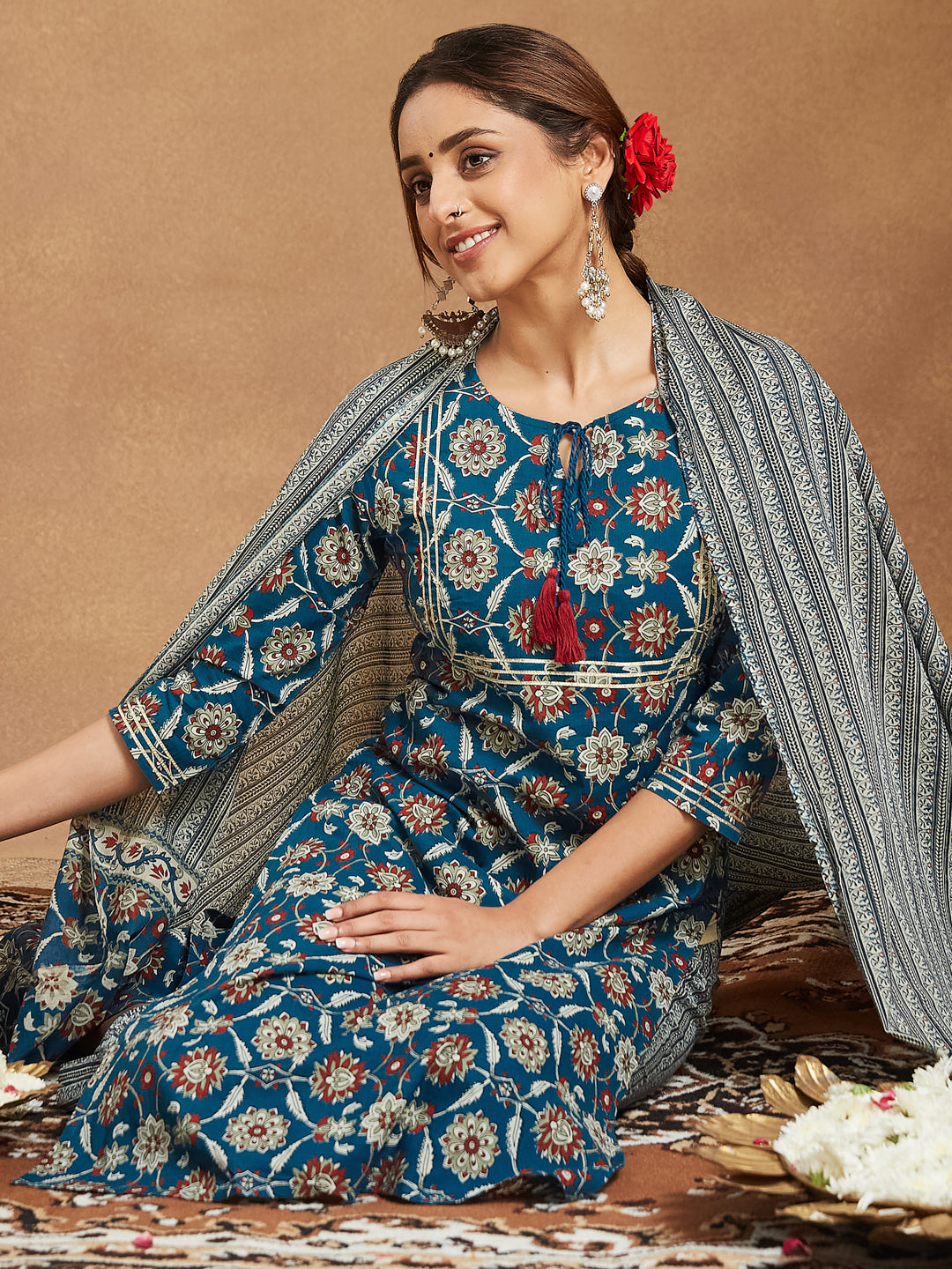Janasya Bright Cotton Floral Straight Kurta Set 