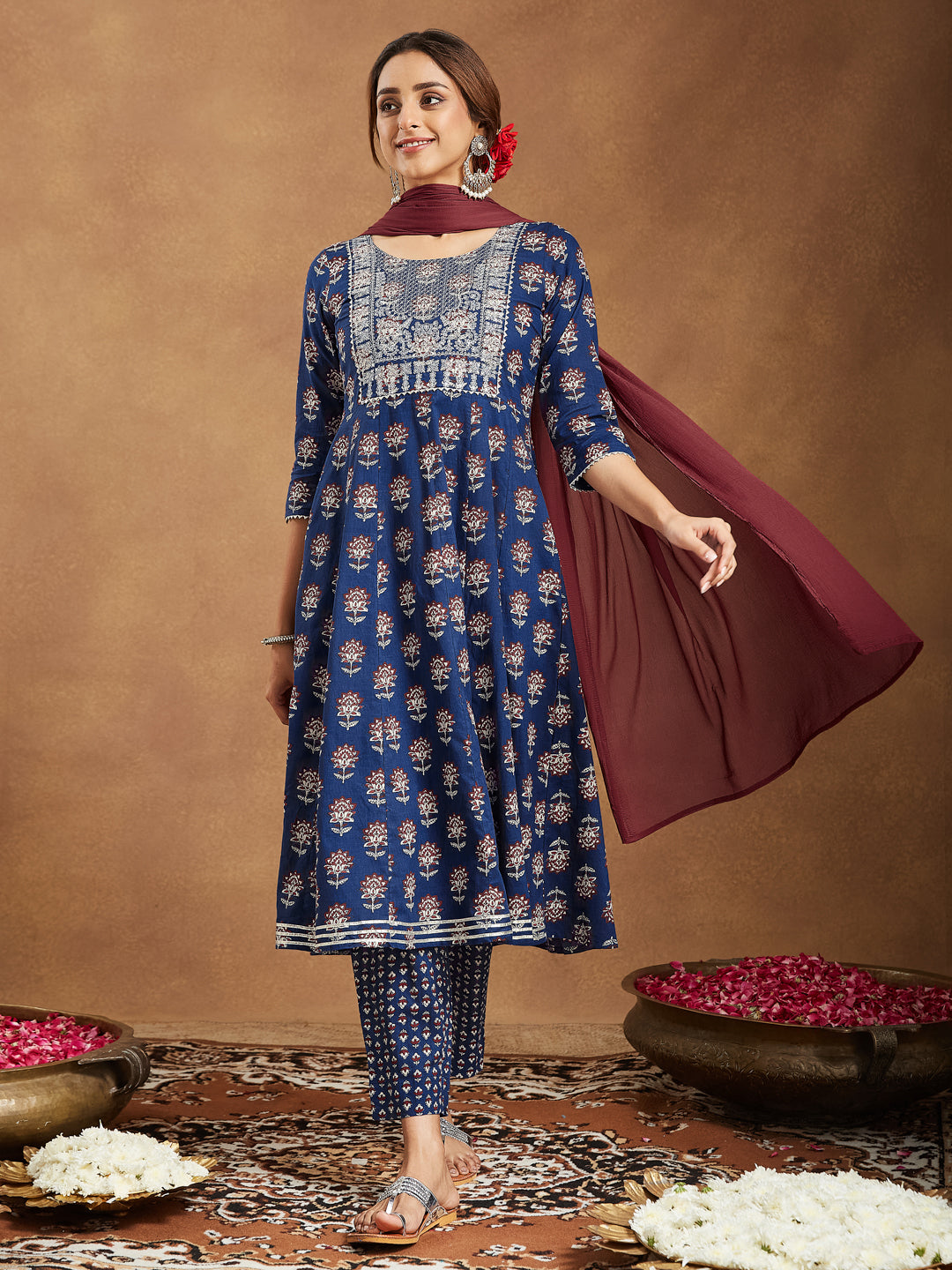 Janasya Dark Cotton Floral Anarkali Kurta Set 