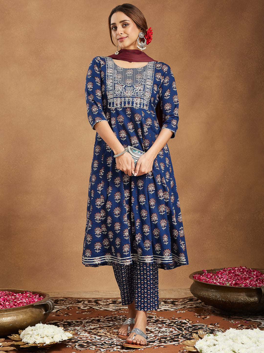 Janasya Dark Cotton Floral Anarkali Kurta Set 