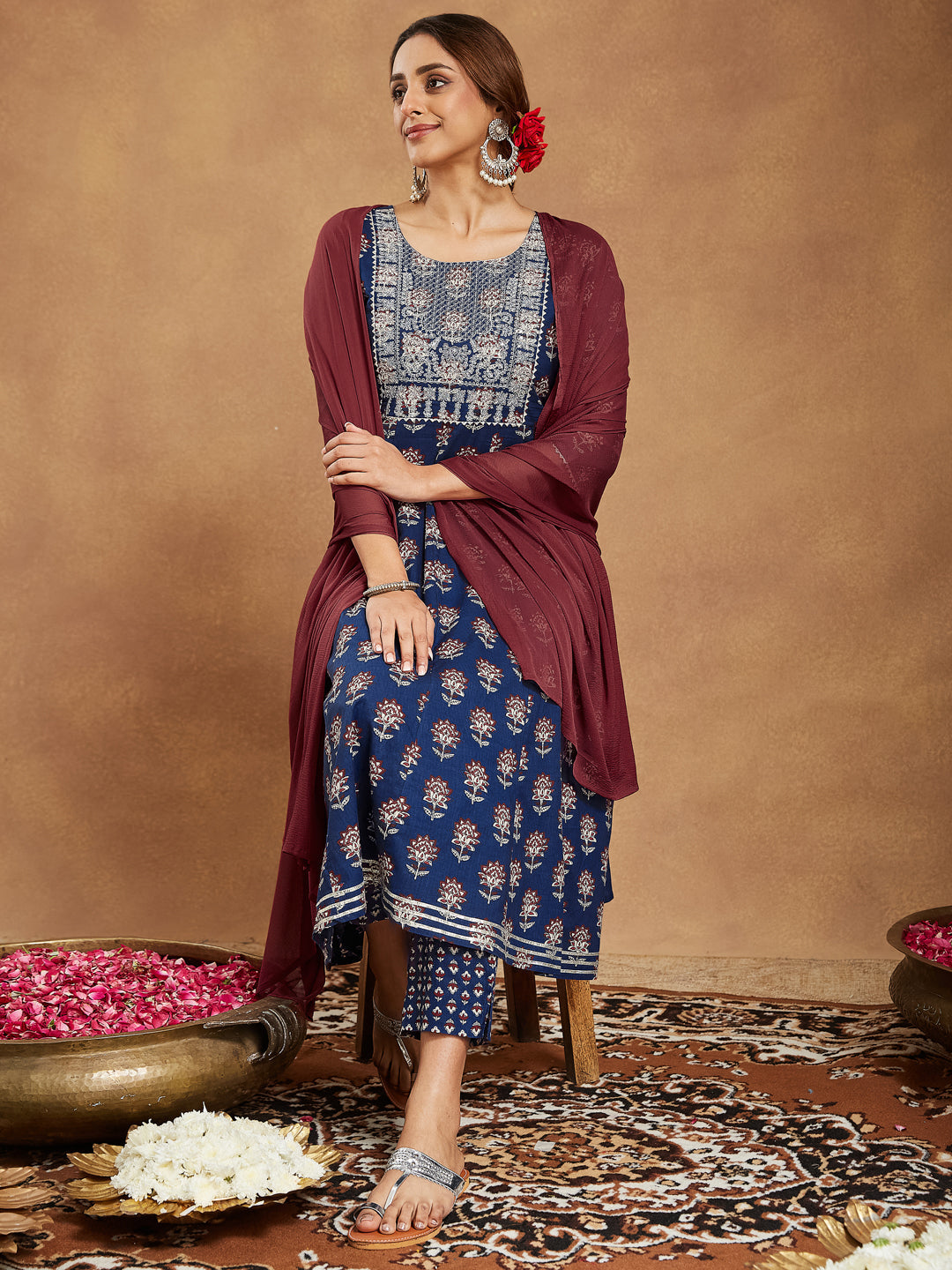 Janasya Dark Cotton Floral Anarkali Kurta Set 