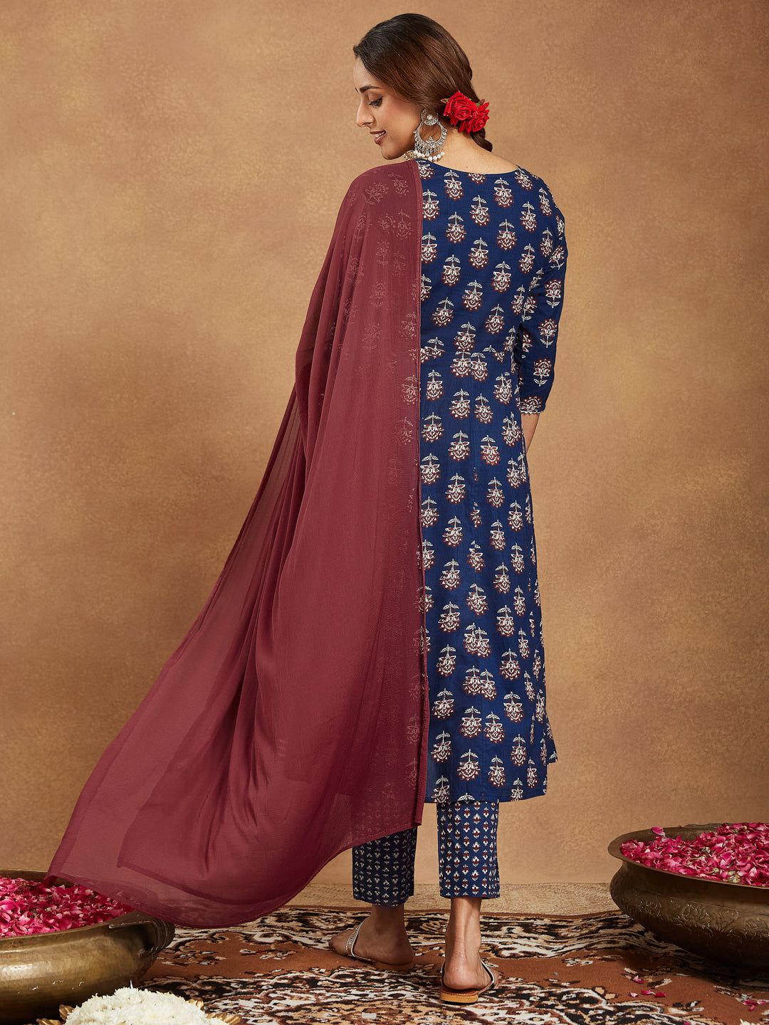 Janasya Dark Cotton Floral Anarkali Kurta Set 