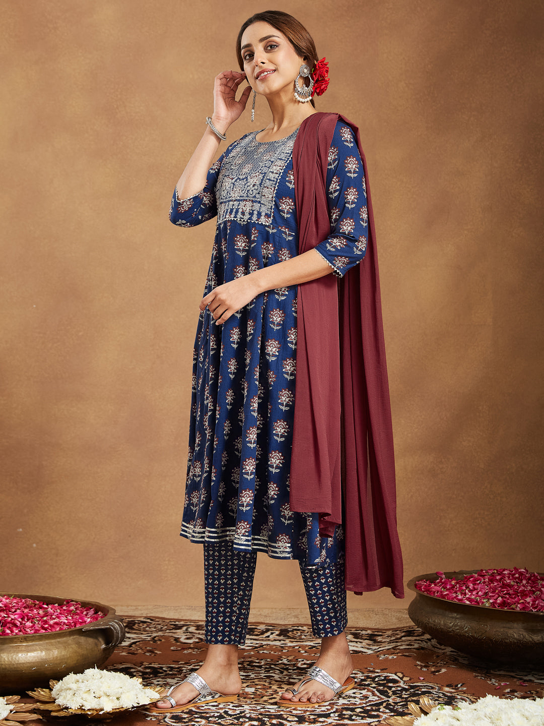 Janasya Dark Cotton Floral Anarkali Kurta Set 