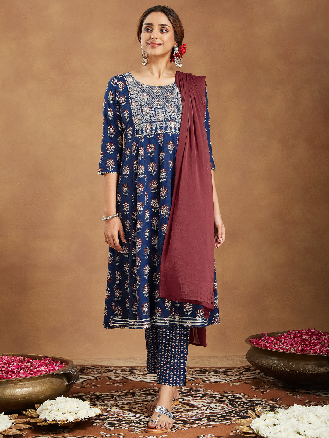 Janasya Dark Cotton Floral Anarkali Kurta Set 