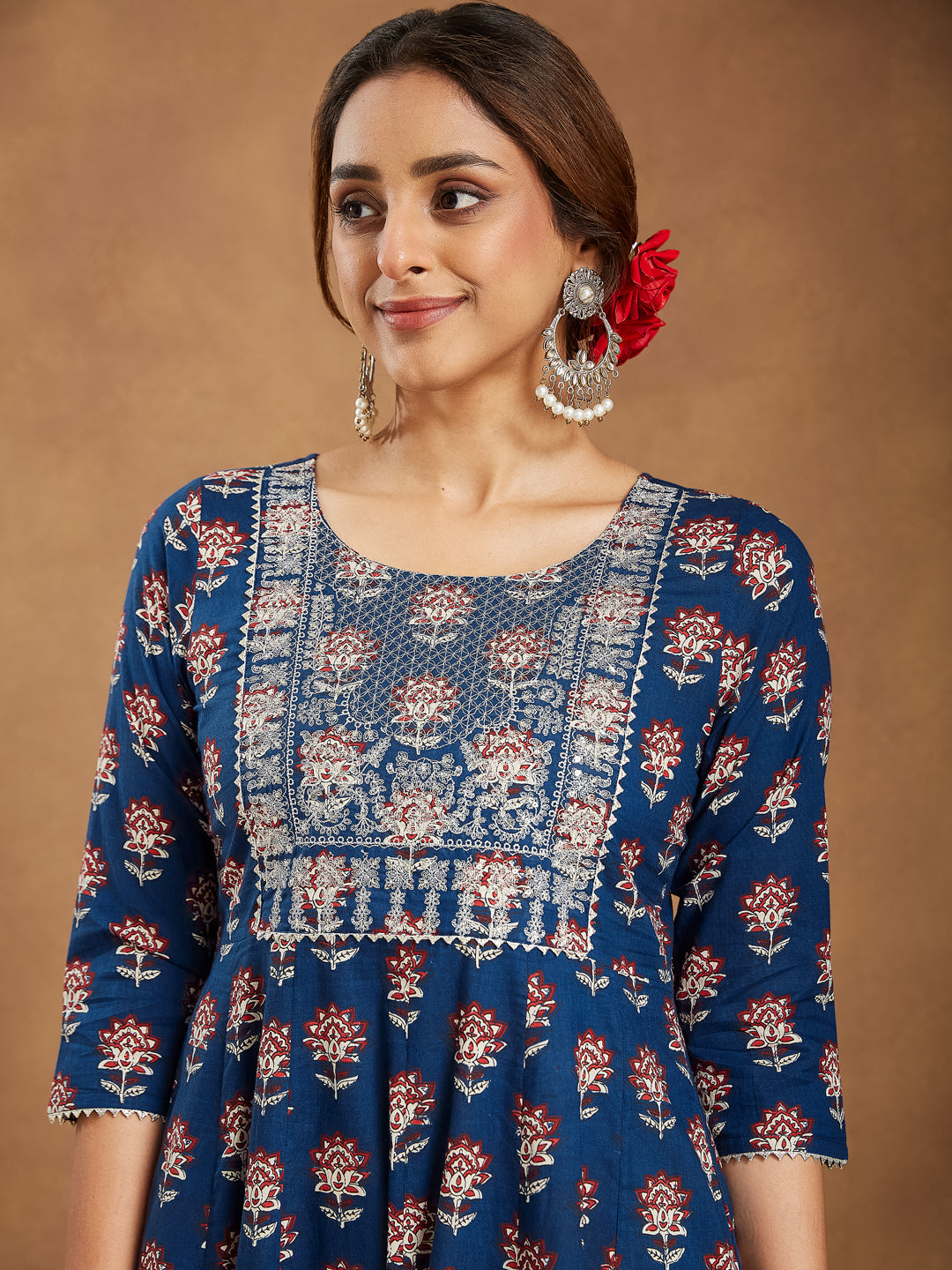 Janasya Dark Cotton Floral Anarkali Kurta Set 