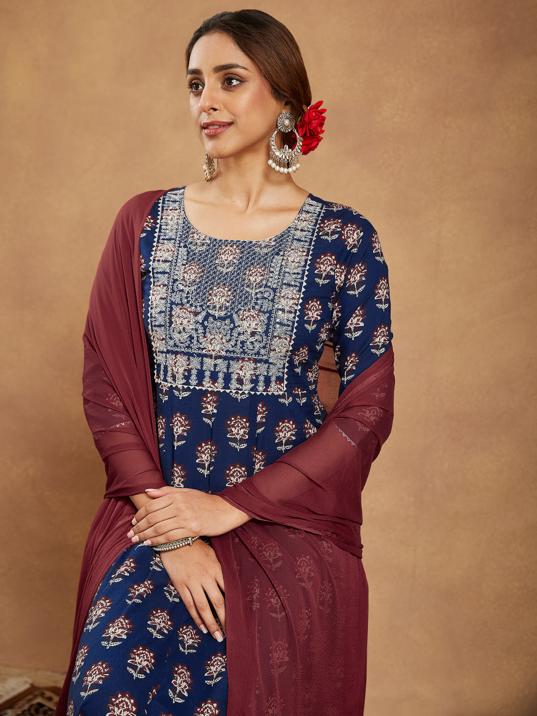 Janasya Dark Cotton Floral Anarkali Kurta Set 