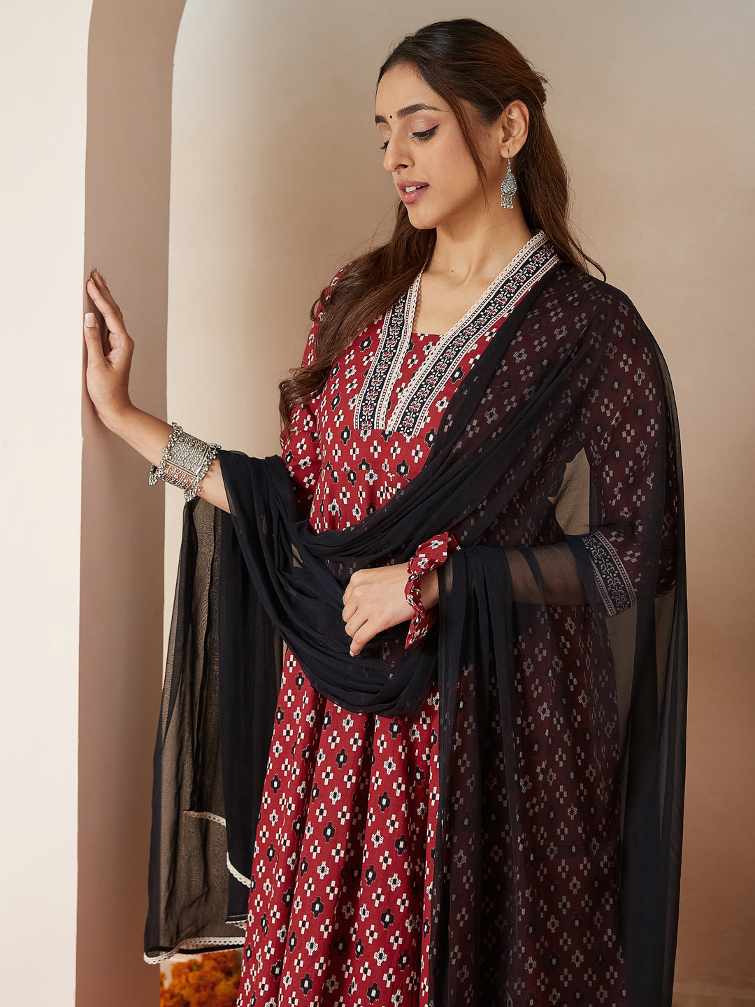 Janasya Dark Cotton Ikkat Anarkali Kurta Set 