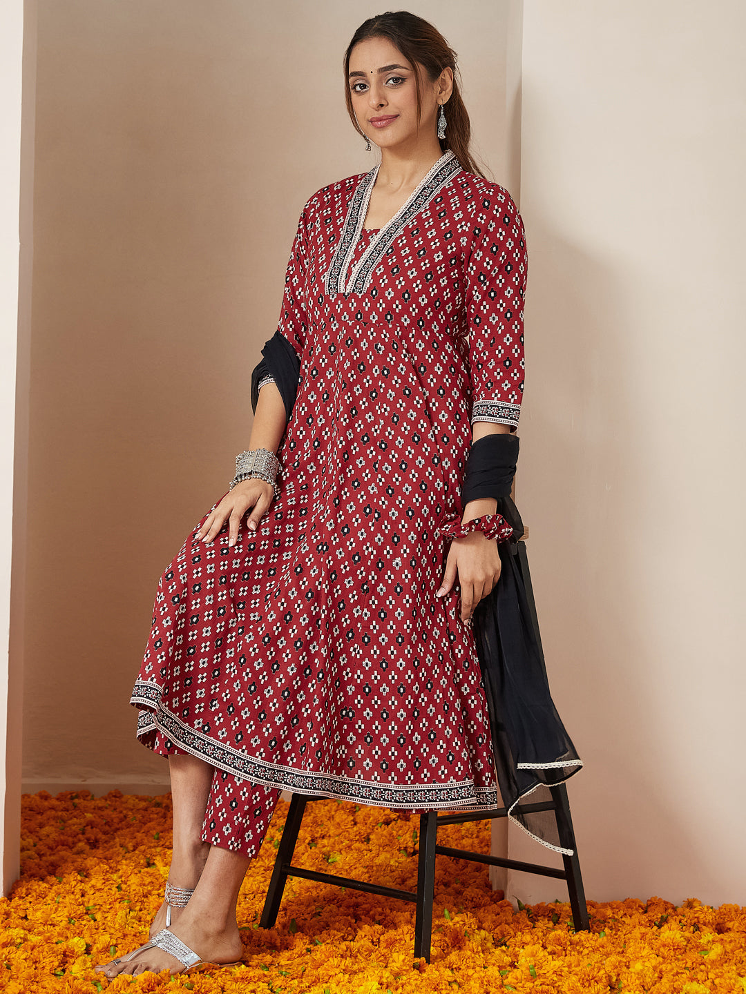 Janasya Dark Cotton Ikkat Anarkali Kurta Set 
