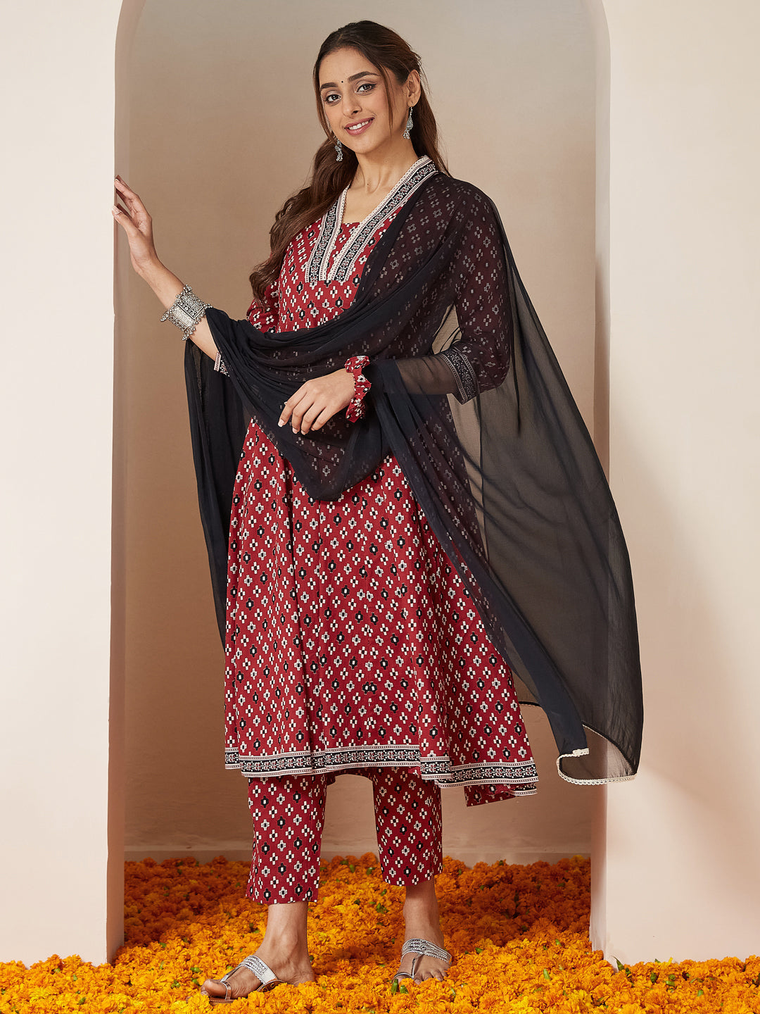 Janasya Dark Cotton Ikkat Anarkali Kurta Set 