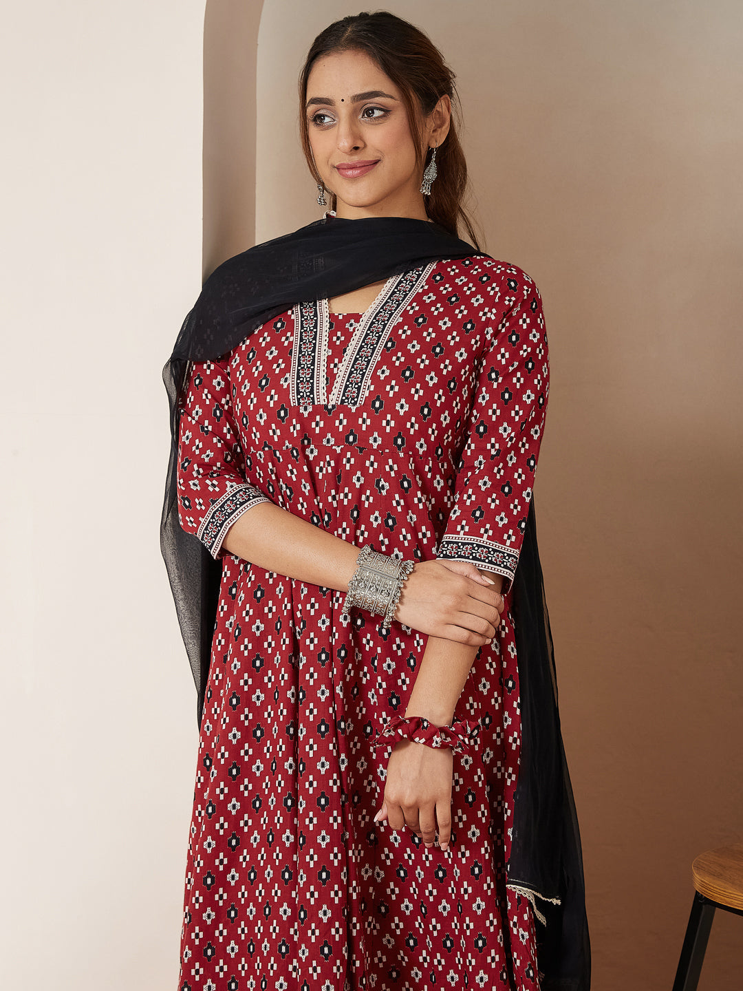 Janasya Dark Cotton Ikkat Anarkali Kurta Set 