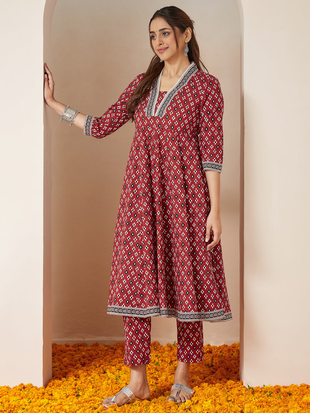 Janasya Dark Cotton Ikkat Anarkali Kurta Set 