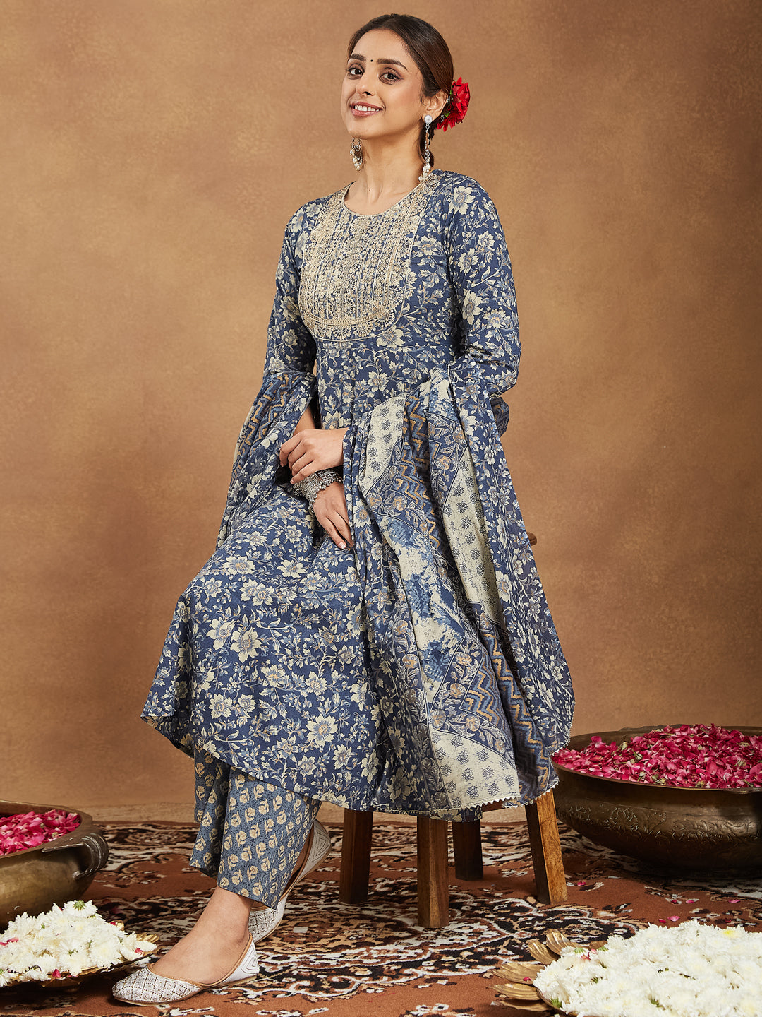 Janasya Dark Cotton Floral Anarkali Kurta Set 