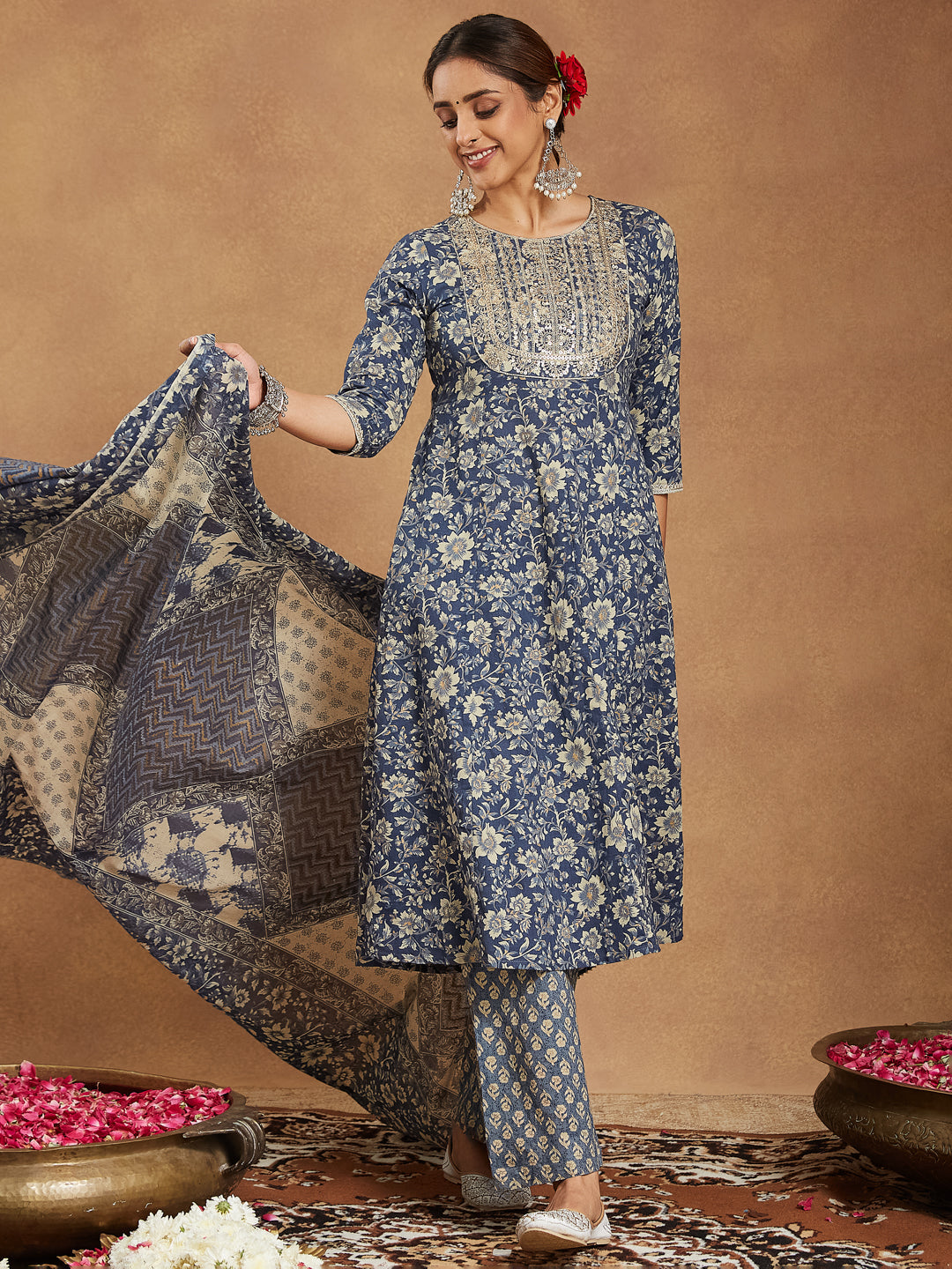 Janasya Dark Cotton Floral Anarkali Kurta Set 
