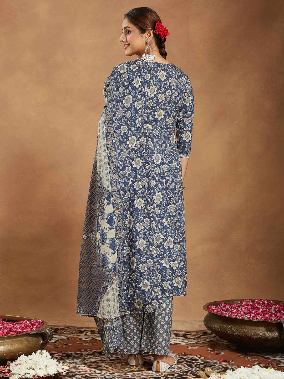 Janasya Dark Cotton Floral Anarkali Kurta Set 