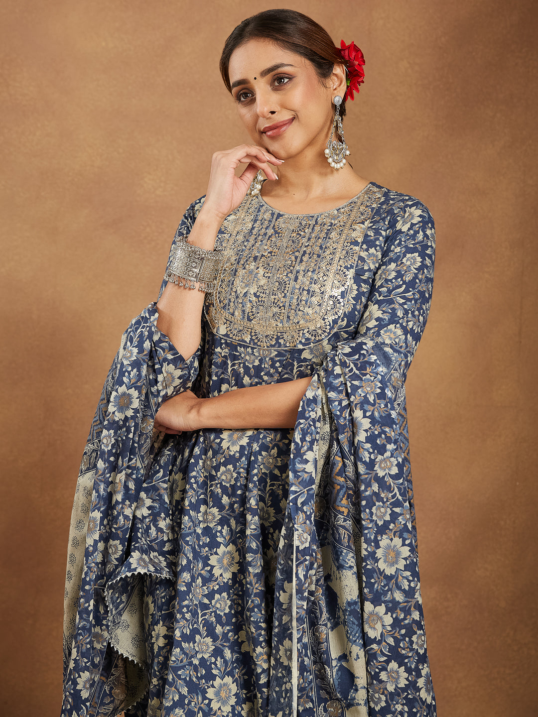 Janasya Dark Cotton Floral Anarkali Kurta Set 