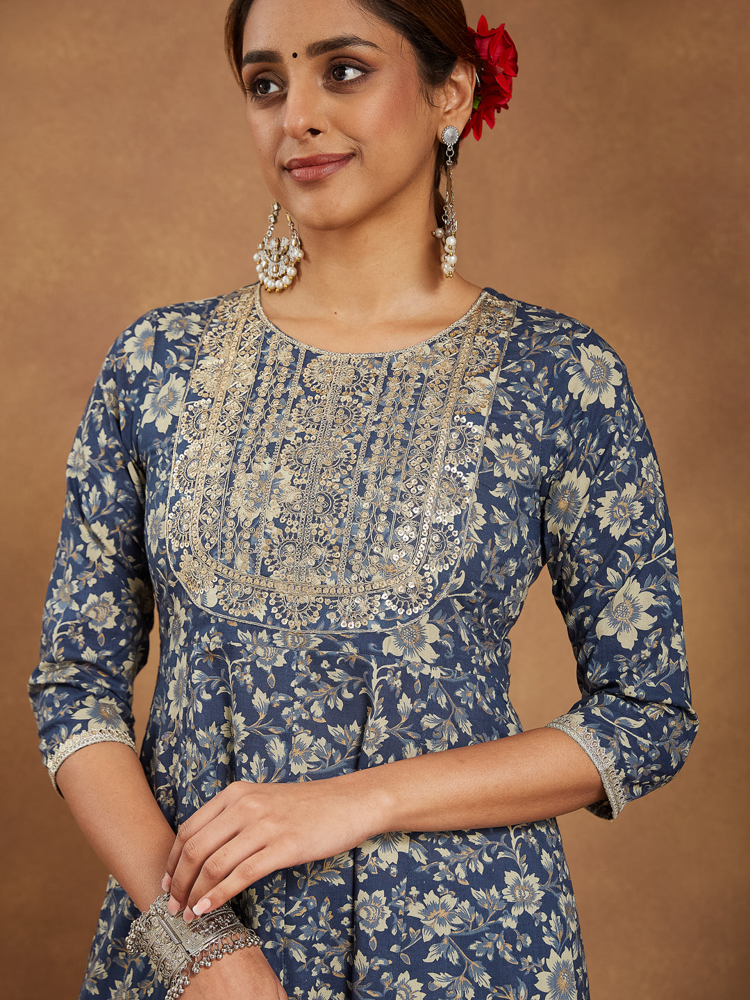 Janasya Dark Cotton Floral Anarkali Kurta Set 
