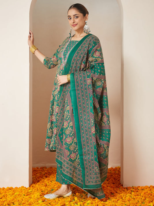 Janasya Bright Cotton Floral Panelled Kurta Set 