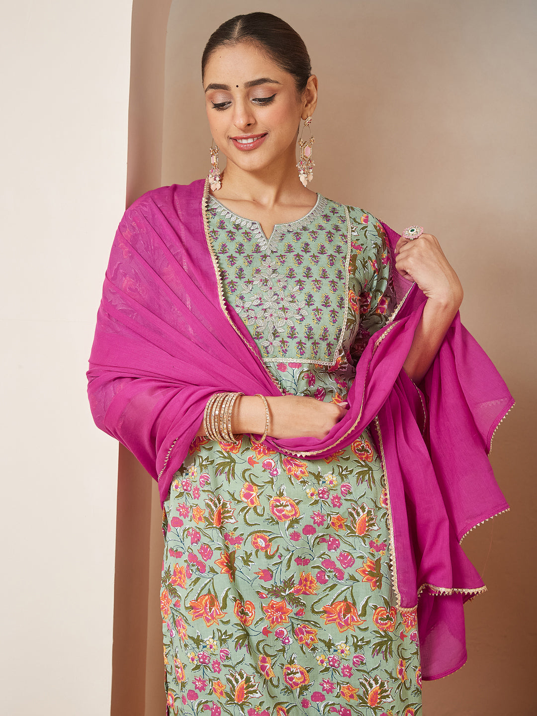 Janasya Light Cambric Floral A-Line Kurta Set 