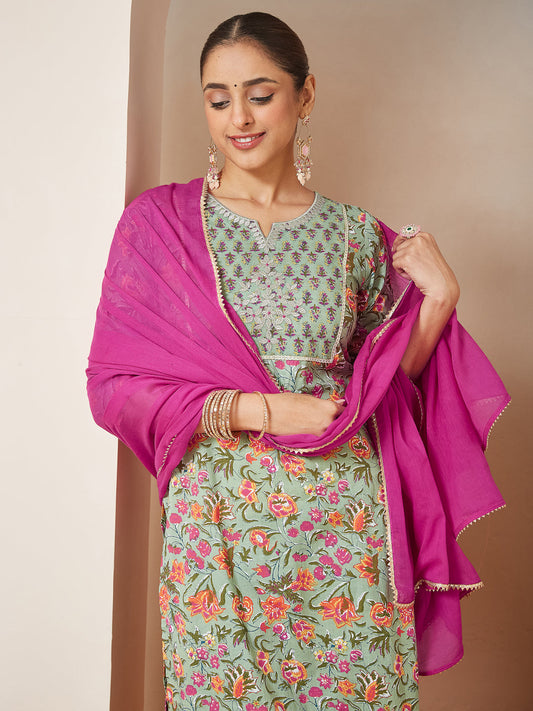 Janasya Light Cambric Floral A-Line Kurta Set 