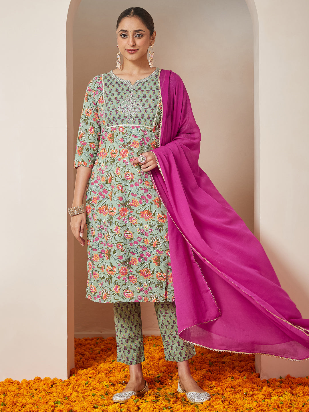 Janasya Light Cambric Floral A-Line Kurta Set 