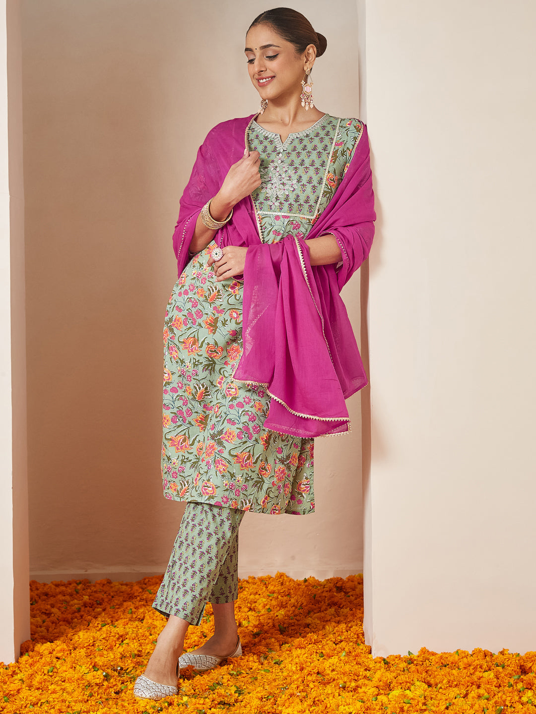 Janasya Light Cambric Floral A-Line Kurta Set 