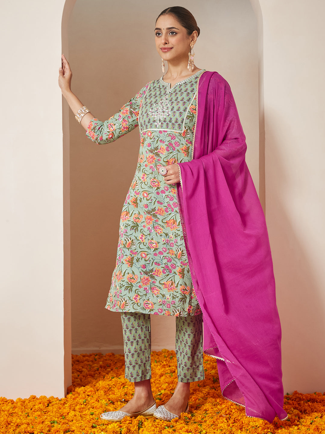 Janasya Light Cambric Floral A-Line Kurta Set 