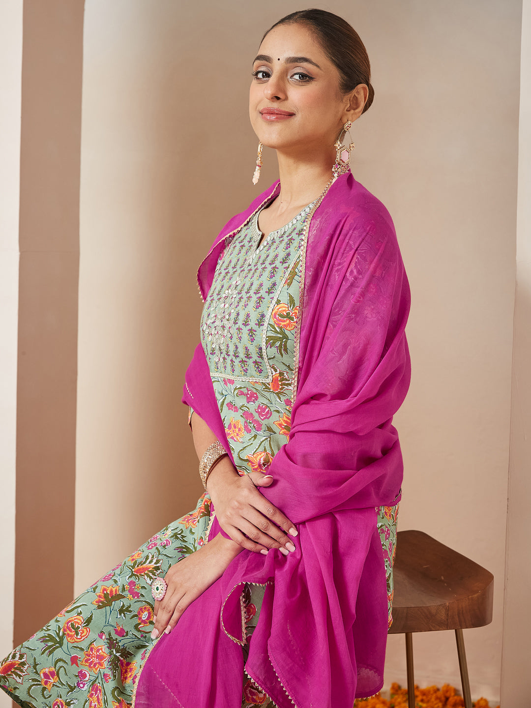 Janasya Light Cambric Floral A-Line Kurta Set 