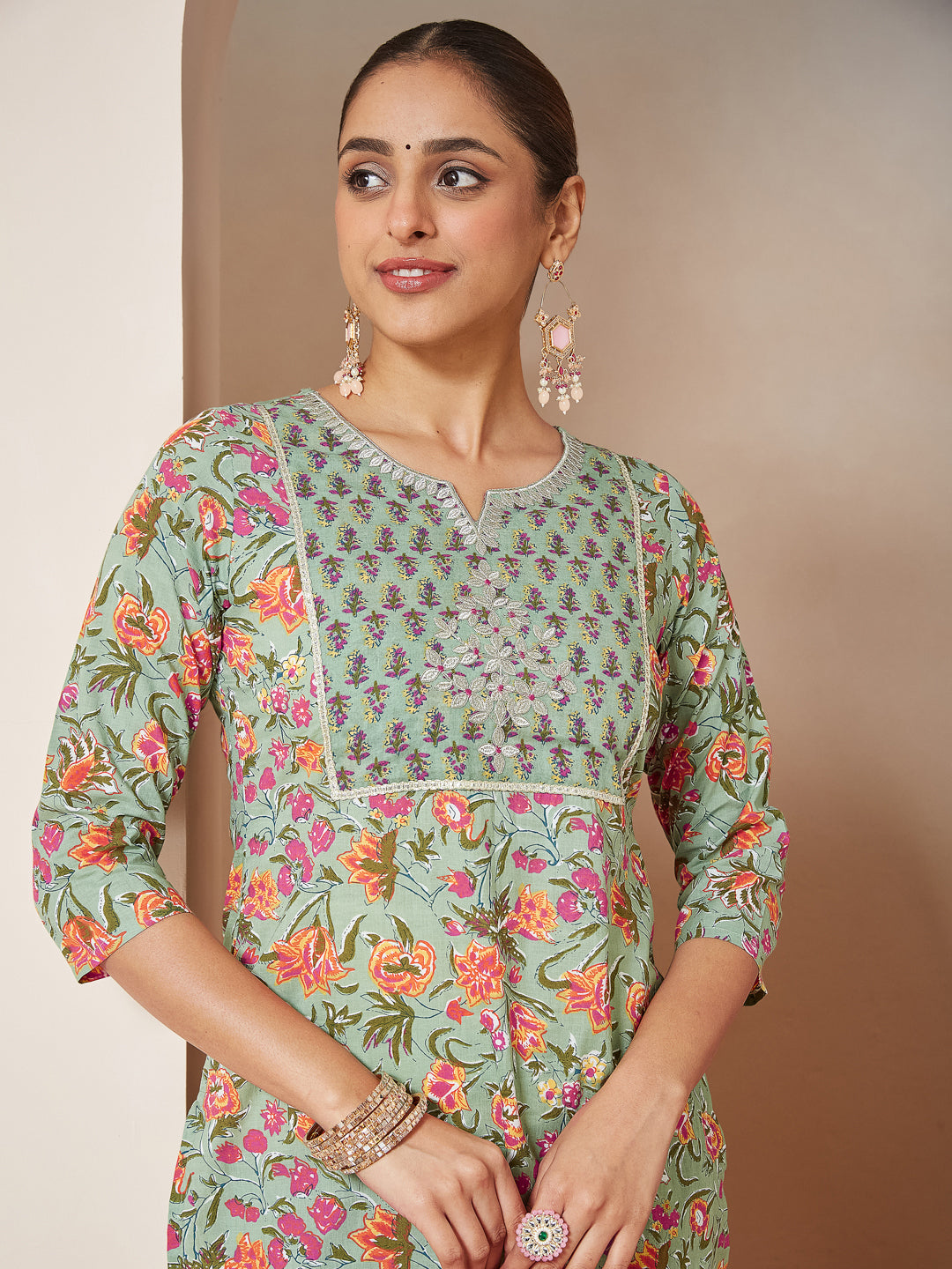 Janasya Light Cambric Floral A-Line Kurta Set 