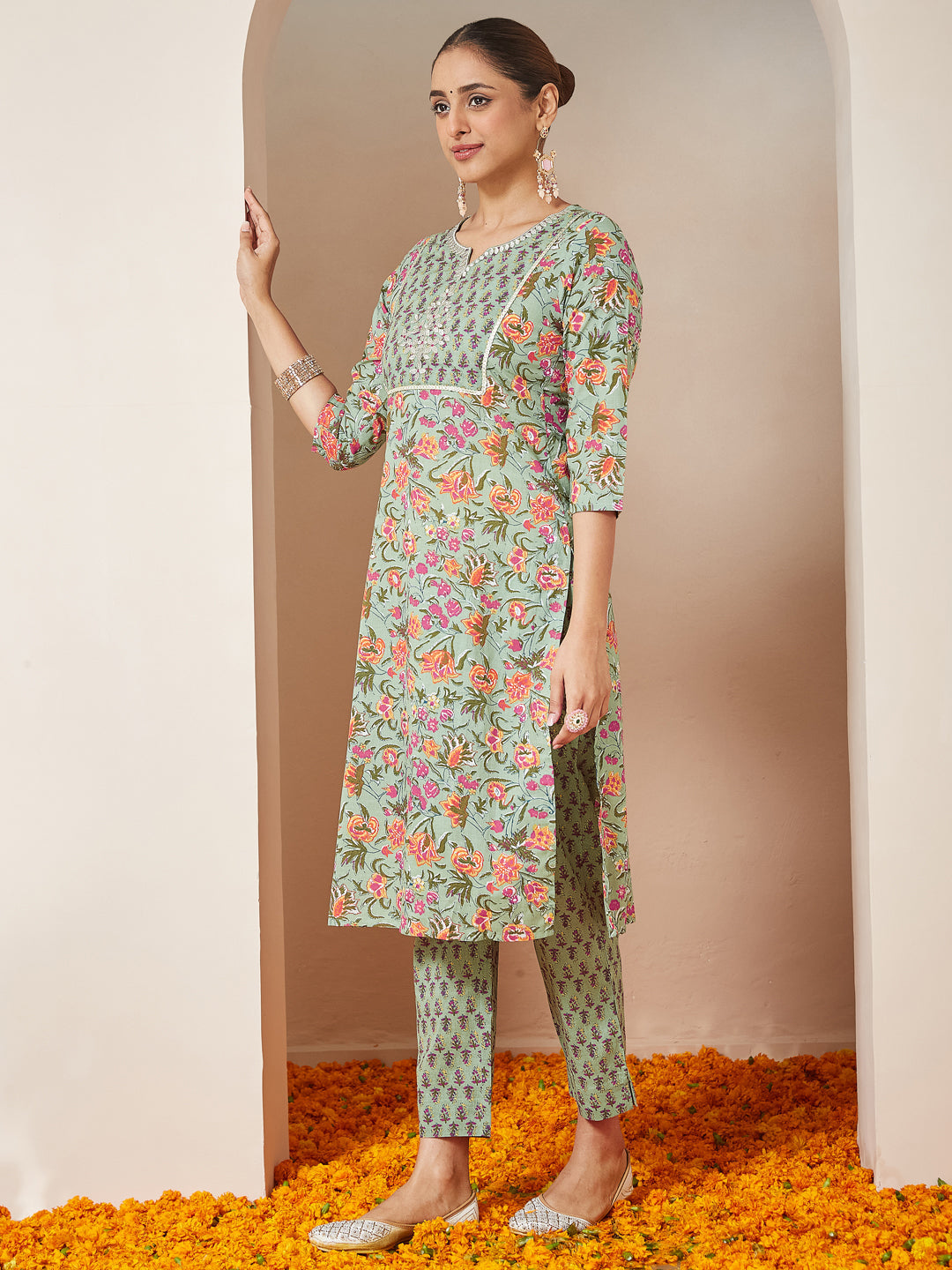 Janasya Light Cambric Floral A-Line Kurta Set 