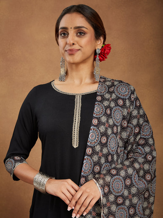 Janasya Dark Rayon Ajrakh Straight Kurta Set 