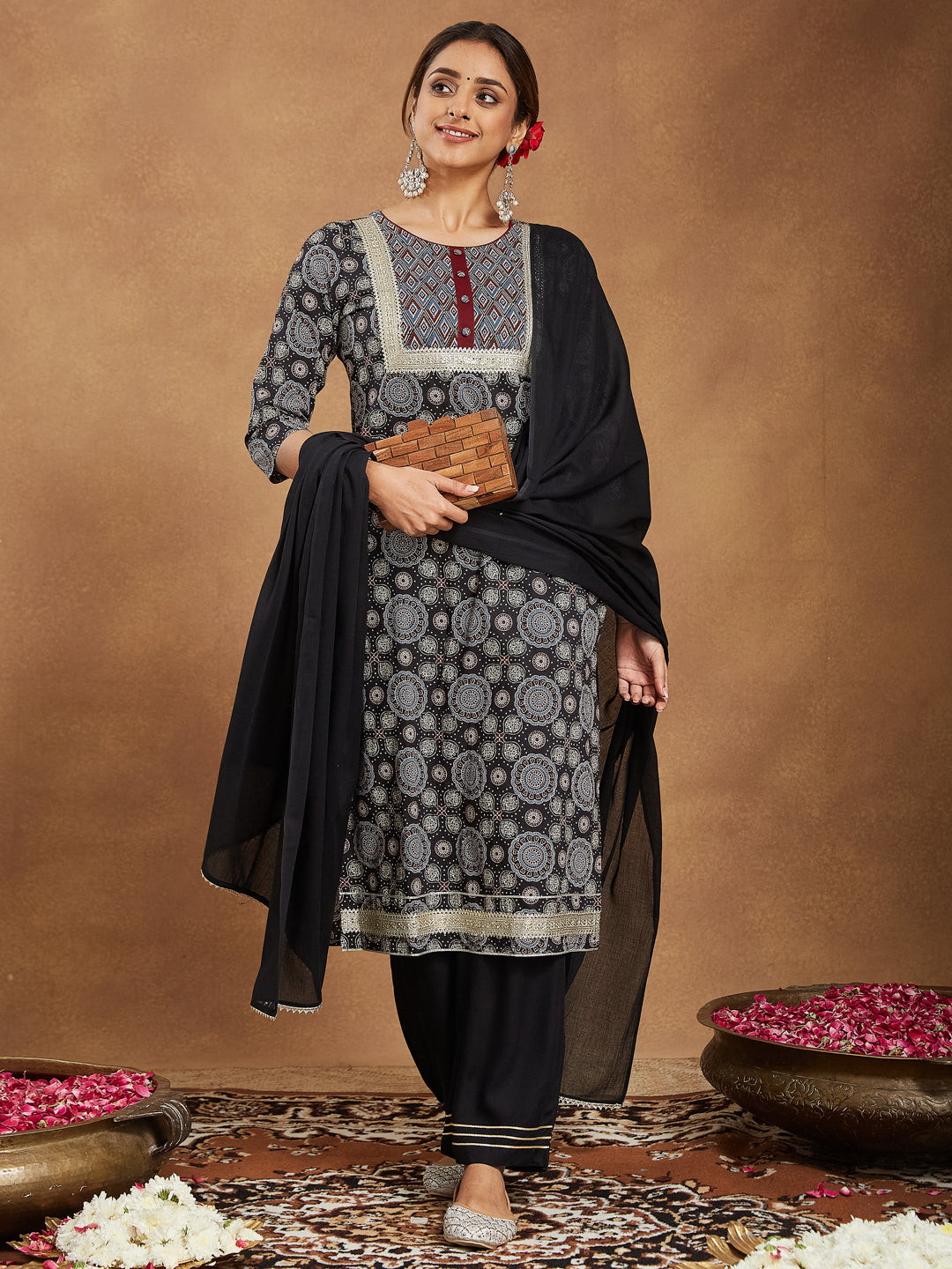 Janasya Dark Cotton Ajrakh Straight Kurta Set 