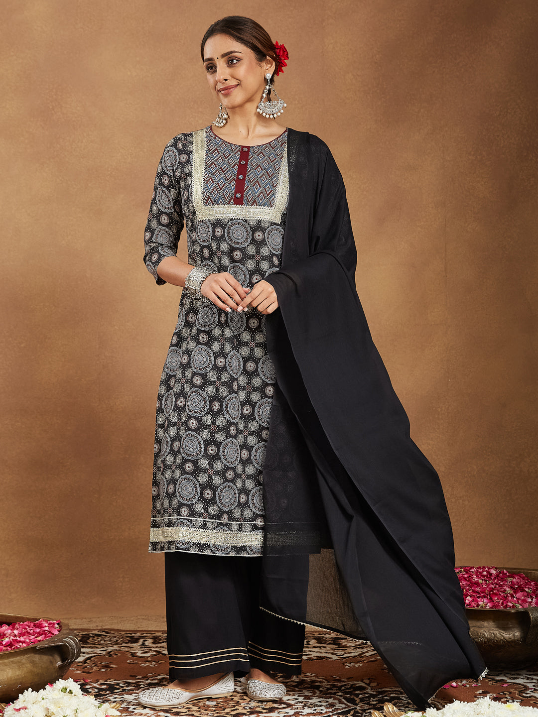 Janasya Dark Cotton Ajrakh Straight Kurta Set 