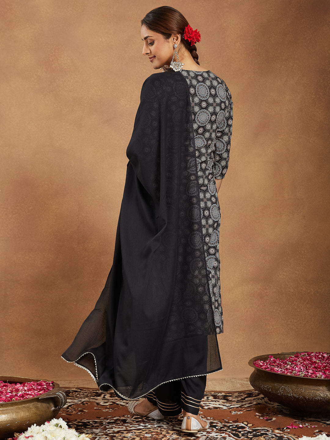 Janasya Dark Cotton Ajrakh Straight Kurta Set 