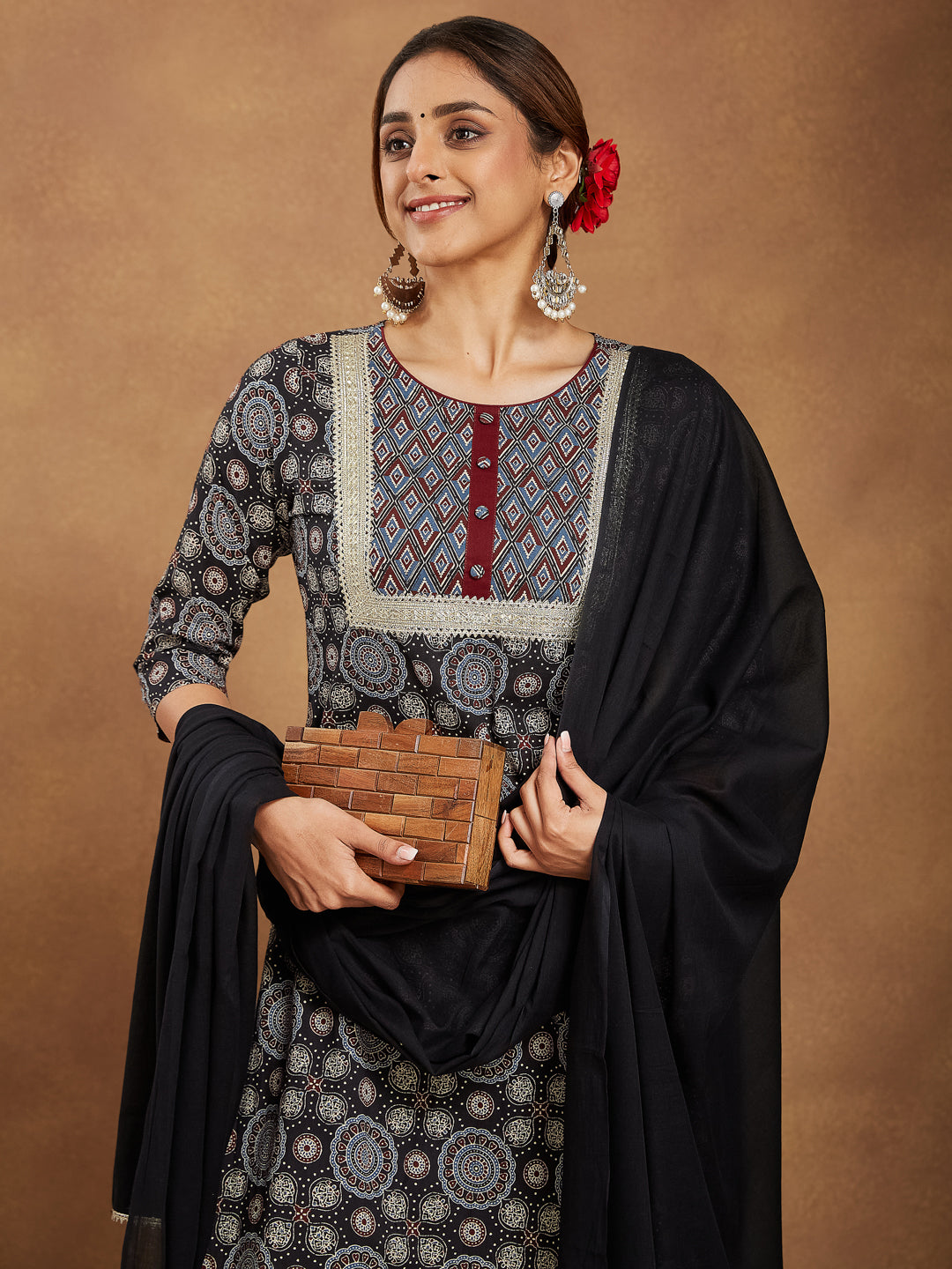 Janasya Dark Cotton Ajrakh Straight Kurta Set 