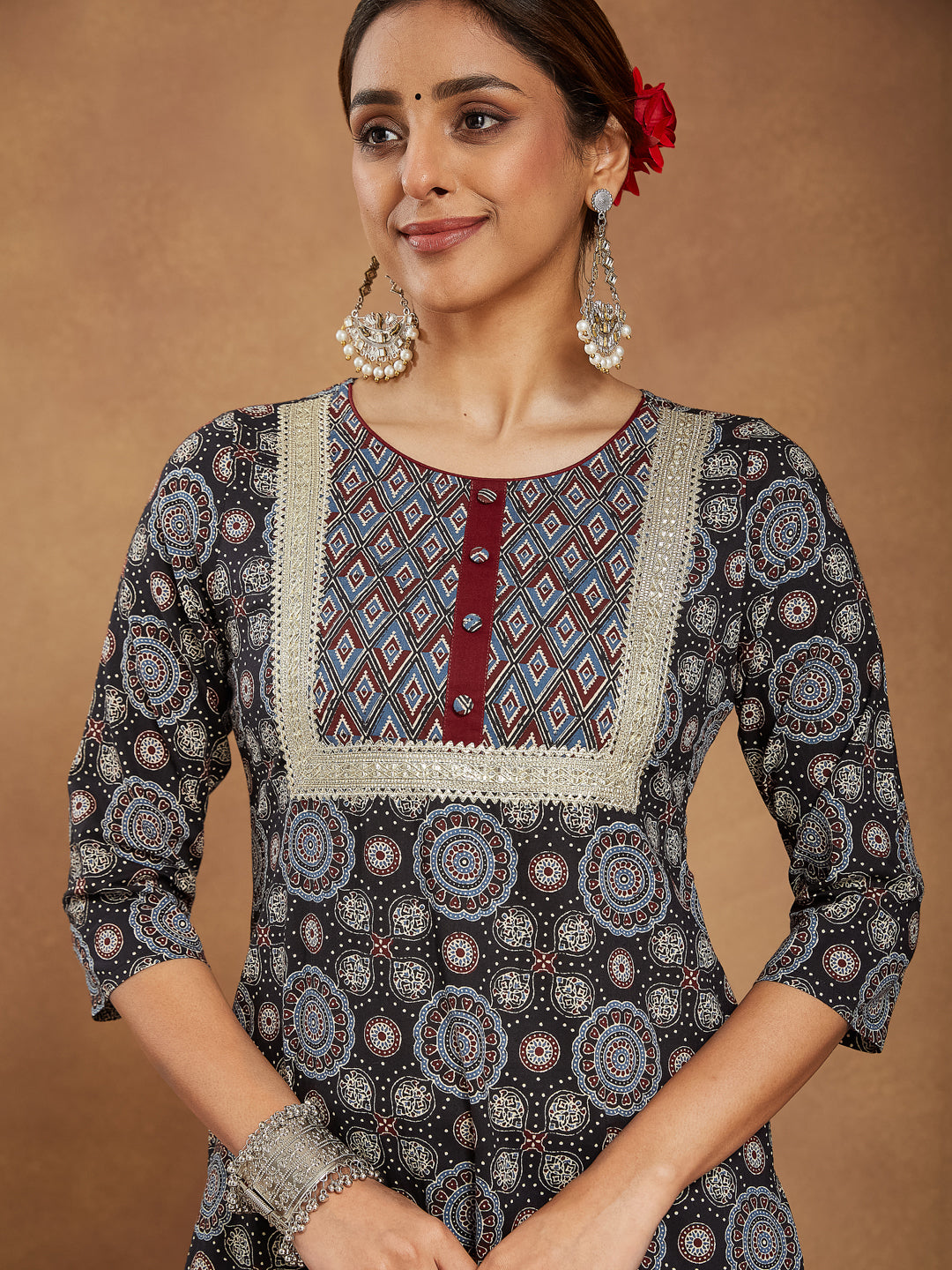 Janasya Dark Cotton Ajrakh Straight Kurta Set 