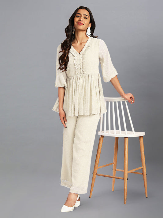 Janasya Light Dobby Chiffon Self Design Peplum Top & Bottom Set 