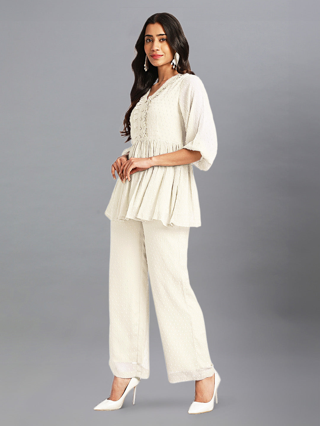 Janasya Light Dobby Chiffon Self Design Peplum Top & Bottom Set 