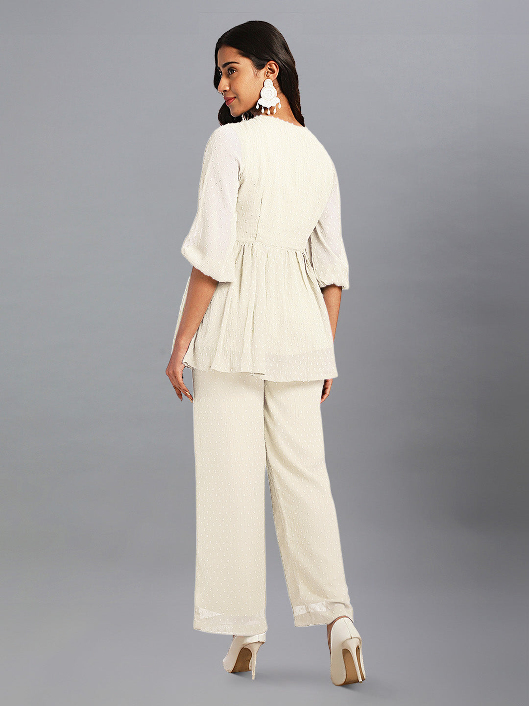 Janasya Light Dobby Chiffon Self Design Peplum Top & Bottom Set 