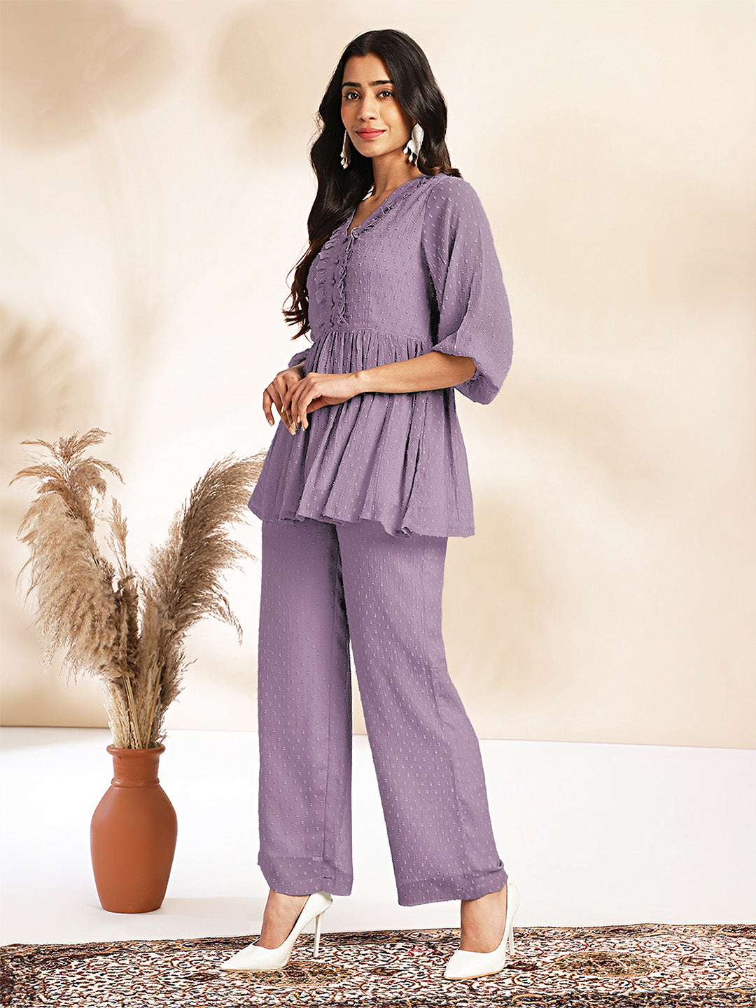 Janasya Light Dobby Chiffon Self Design Peplum Top & Bottom Set 