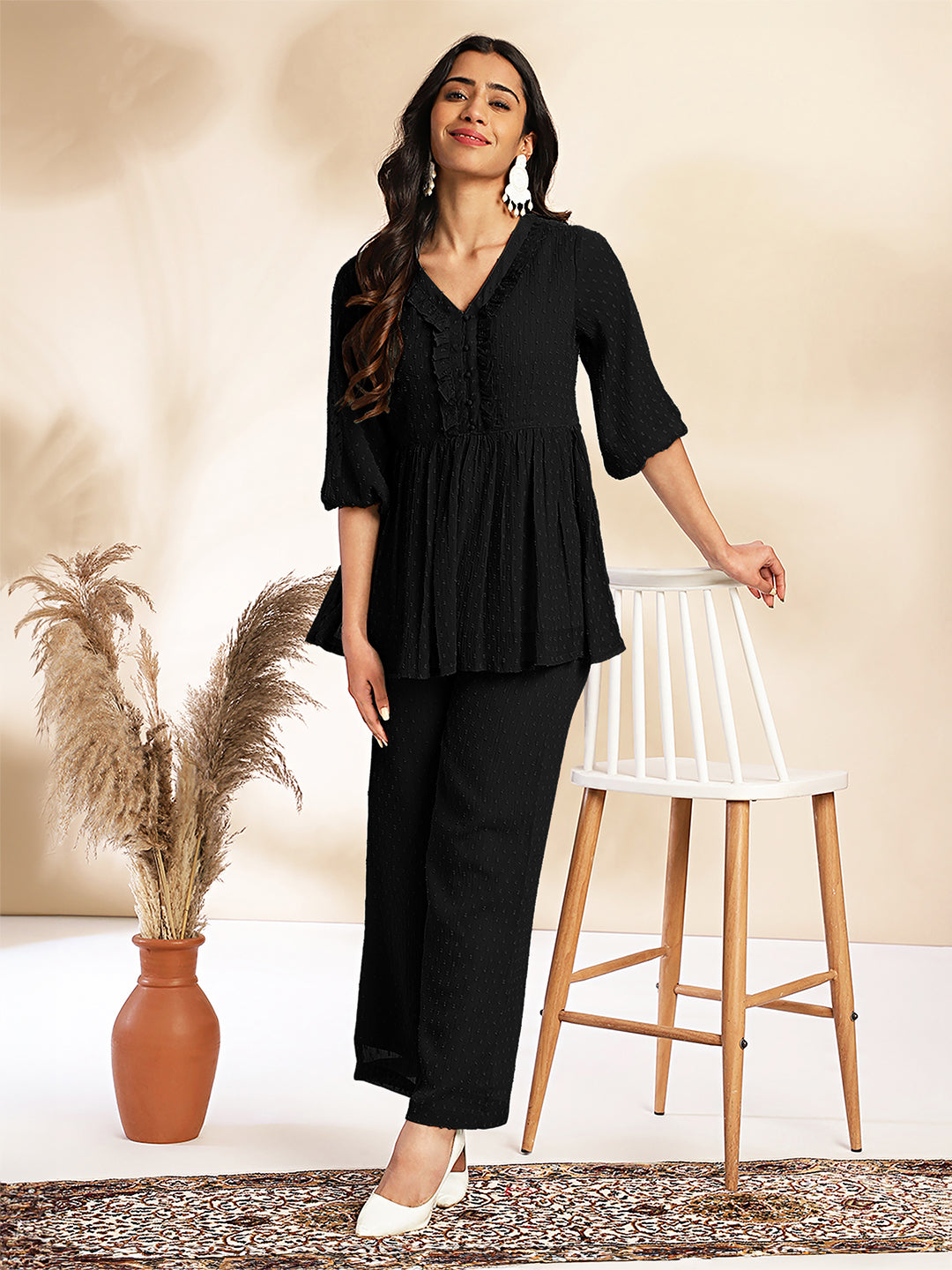 Janasya Light Dobby Chiffon Self Design Peplum Top & Bottom Set 