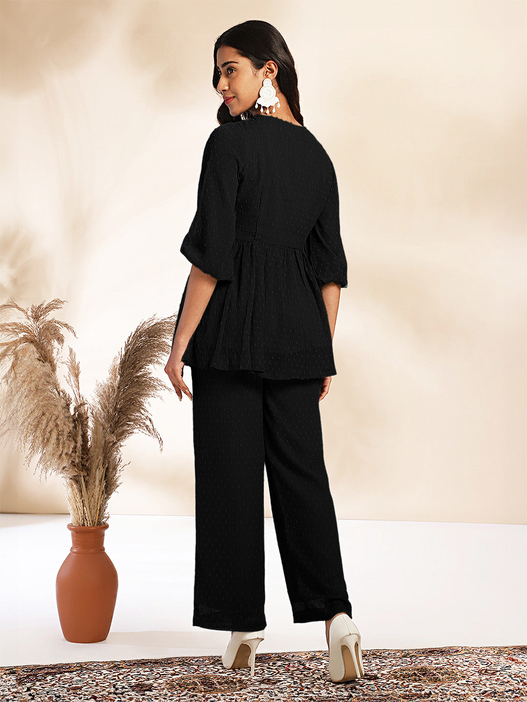 Janasya Light Dobby Chiffon Self Design Peplum Top & Bottom Set 