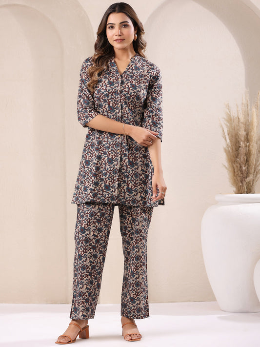Janasya Dark Cotton Floral Straight Top & Bottom Set 