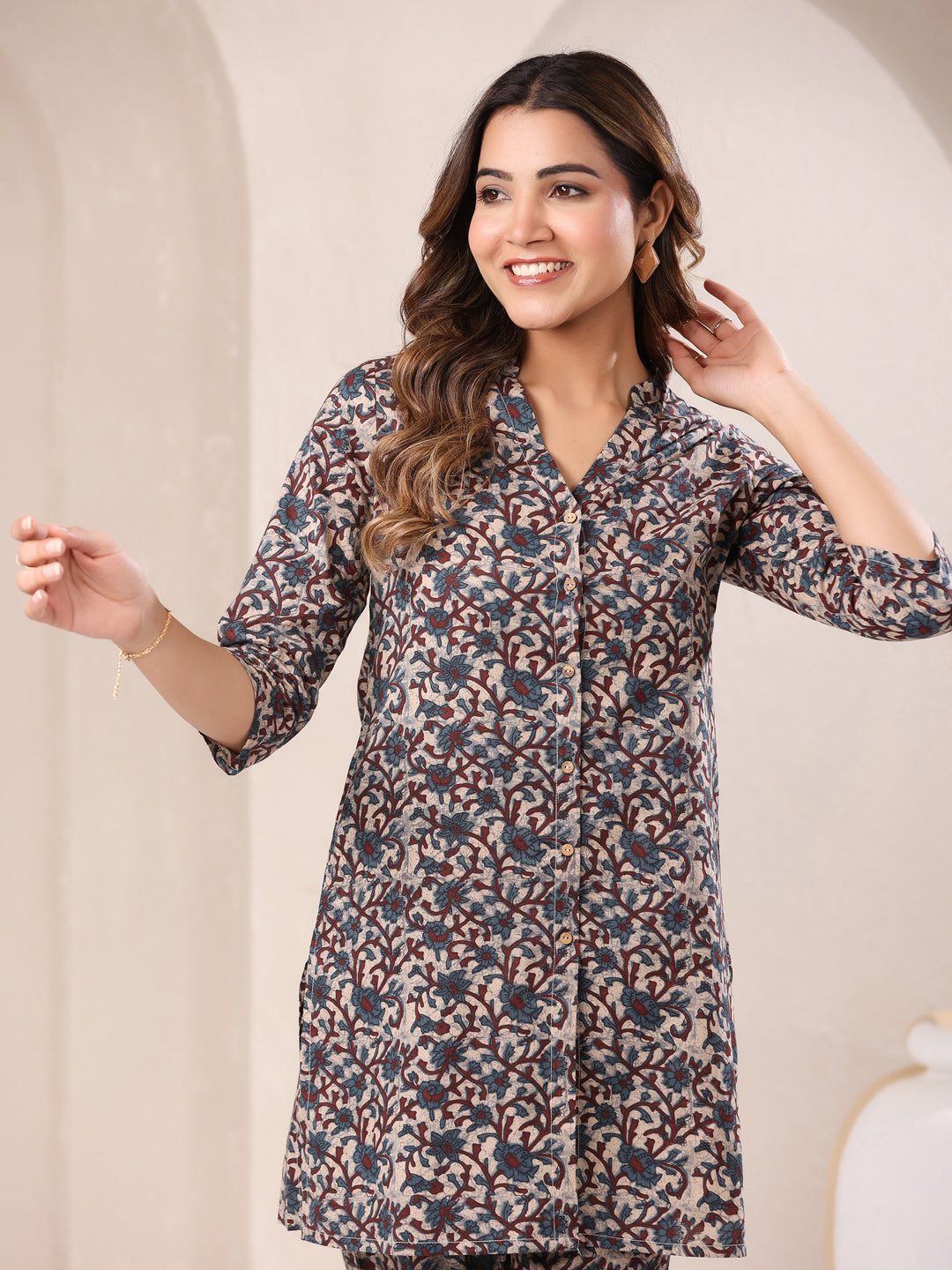 Janasya Dark Cotton Floral Straight Top & Bottom Set 