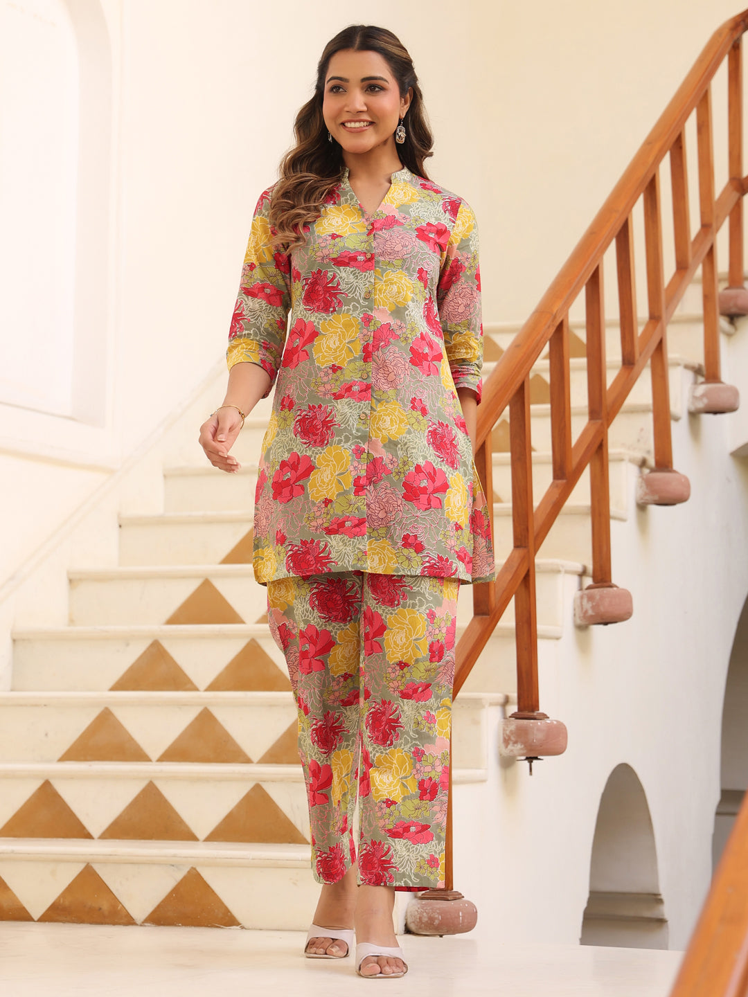 Janasya Dark Cotton Floral Straight Top & Bottom Set 