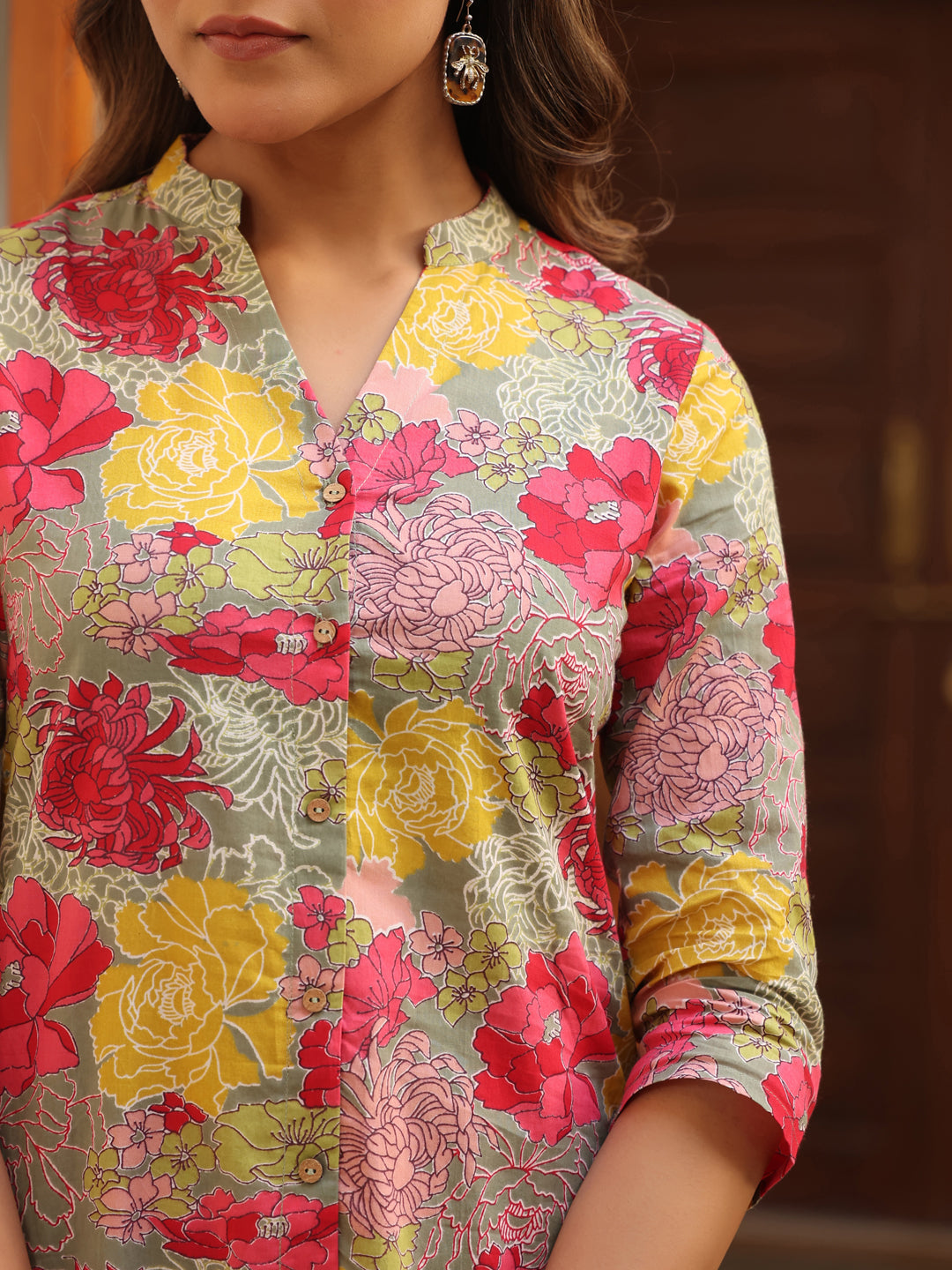 Janasya Dark Cotton Floral Straight Top & Bottom Set 