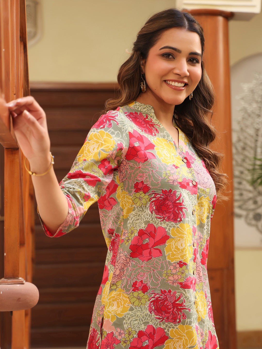 Janasya Dark Cotton Floral Straight Top & Bottom Set 