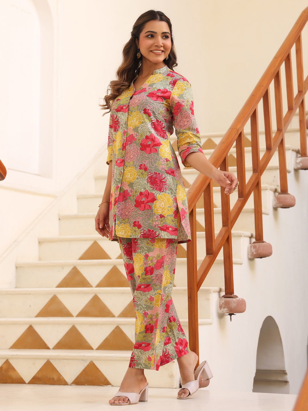 Janasya Dark Cotton Floral Straight Top & Bottom Set 